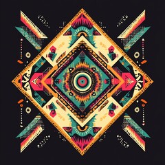 Poster - Vibrant geometric pattern with symmetrical design elements, creating a colorful mandala-like effect on a dark background.