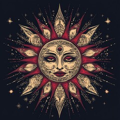Wall Mural - Ornate sun with a face, red and gold rays, on a dark background.