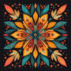 Poster - Symmetrical floral mandala design with teal, orange, and red leaves on black background.