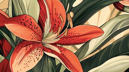 Poster - Close-up of a vibrant red lily flower with speckled petals and lush green leaves.