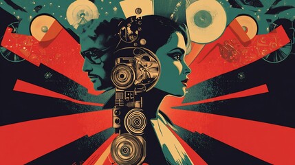 Poster - Abstract art depicting a man and woman's profiles merging with robotic gears, set against a vibrant red and teal sunburst background with circular elements.