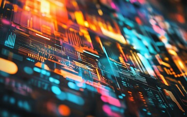 Poster - Abstract digital data visualization with vibrant colors and dynamic shapes, representing information flow and technology.