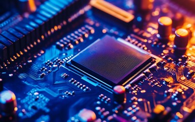 Aufkleber - Close-up of a computer processor chip on a circuit board, illuminated with vibrant blue and orange lighting.