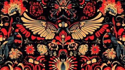 Poster - Vibrant floral and winged pattern in red, gold, and black.