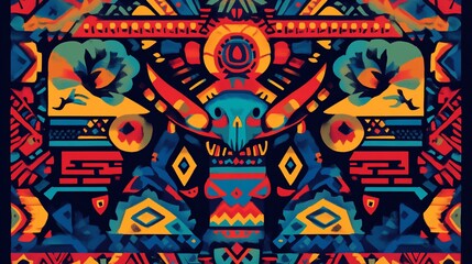 Poster - Vibrant symmetrical textile design with skull motif and geometric patterns in bold colors.