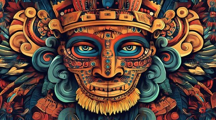 Poster - Colorful ornate Mayan-style mask detailed digital artwork.