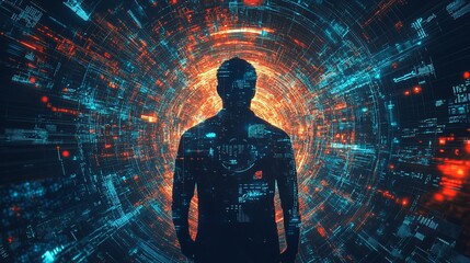 Aufkleber - Silhouette of a man standing in a swirling vortex of digital data and code.