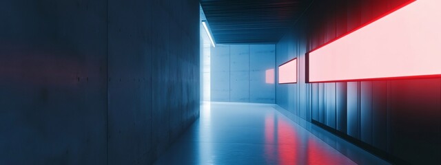 Poster - Futuristic corridor with red and blue neon lights.