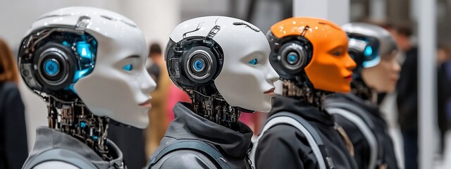 Aufkleber - Row of humanoid robots with exposed mechanical parts and varying colors.