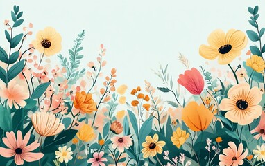 Poster - Vibrant floral illustration with various flowers, leaves, and stems in pastel colors against a light blue background.