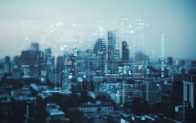 Poster - Futuristic city skyline with digital overlay showing data and graphs.