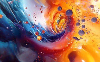 Poster - Abstract swirling vibrant blue and orange paint vortex with bubbles.
