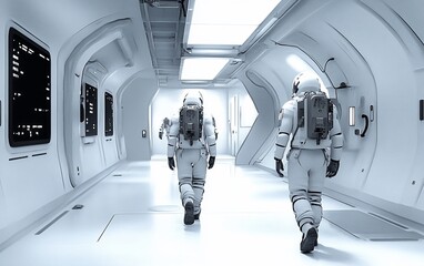 Poster - Astronauts walk down a futuristic spaceship corridor.