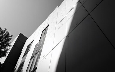 Aufkleber - Low-angle black and white photo of a modern building's exterior with sunlight casting shadows on its facade.