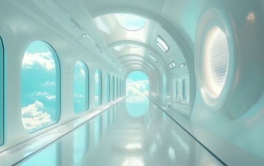 Poster - Futuristic white corridor with large oval windows offering a view of a bright blue sky and clouds.