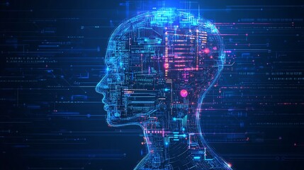 Poster - Digital human head profile with glowing circuit board inside, representing AI, technology, and data processing.