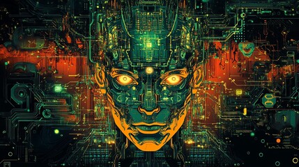 Aufkleber - A stylized cyborg face, glowing with internal circuitry, set against a backdrop of technological patterns.