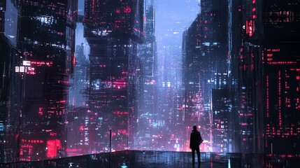 Poster - Futuristic cityscape at night, lone figure on rooftop overlooking neon-lit skyscrapers.