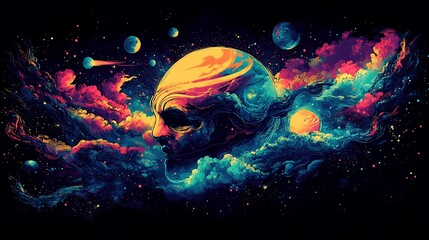 Poster - Abstract cosmic head engulfed in vibrant nebula clouds and planets.