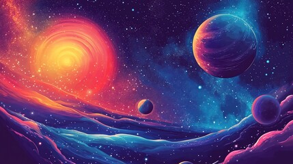Poster - Vibrant cosmic landscape with swirling nebula, planets, and celestial bodies.