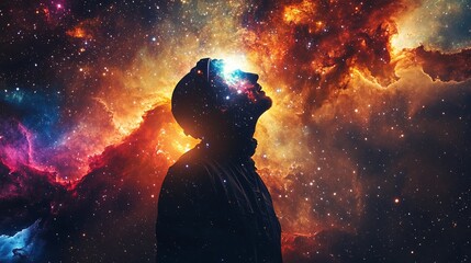 Poster - Silhouette of a person gazing upwards at a vibrant nebula, experiencing awe and wonder.