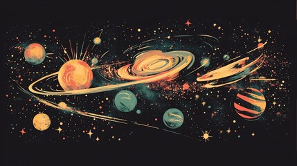 Poster - Vibrant retro-styled illustration of a swirling galaxy with planets, stars, and nebulae.