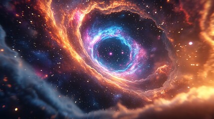 Poster - Abstract cosmic nebula with swirling orange and blue gases, stars, and a dark center.