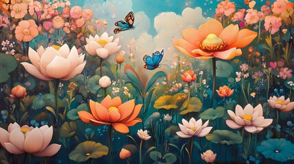 Poster - Vibrant floral landscape with blooming lotuses, butterflies, and soft lighting.