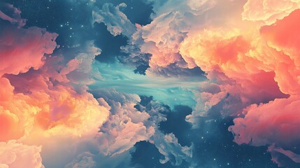 Poster - Dreamlike cloudscape with vibrant orange and teal hues, creating a surreal, celestial atmosphere.