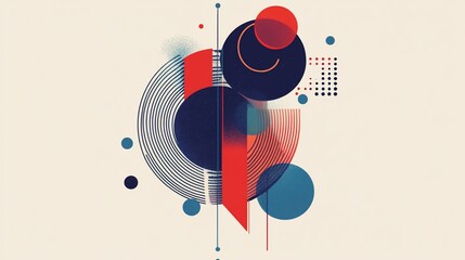 Poster - Abstract geometric composition with circles, lines, and shapes in red, blue, and black on a beige background.