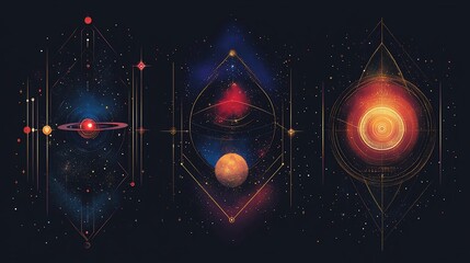Poster - Celestial bodies, planets, stars, and galaxies arranged in sacred geometric patterns.