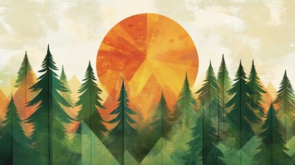 Poster - Stylized sunset over a coniferous forest.