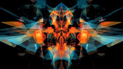 Poster - Abstract colorful fractal art with sharp, geometric shapes and a symmetrical design on black background.