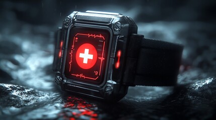 Poster - Futuristic medical smartwatch with red cross symbol on dark background.
