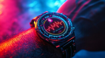 Poster - Smartwatch displaying heart rate on wrist in neon light.