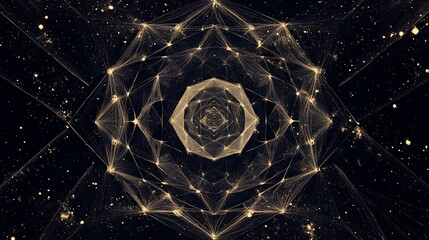 Poster - Abstract geometric light pattern, cosmic mandala design, glowing lines and dots on dark background.