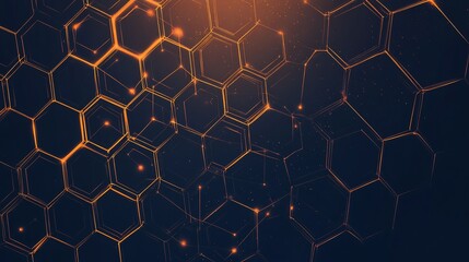 Poster - Abstract honeycomb network background with glowing orange lines and particles.