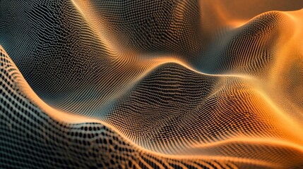 Poster - Abstract digital landscape with undulating, textured surface in warm orange and dark grey tones.