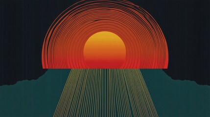 Poster - Abstract sunset over mountains with radiating sun rays and concentric circles.