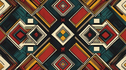 Poster - Abstract geometric pattern with squares, diamonds, and rectangles in red, yellow, beige, and teal.