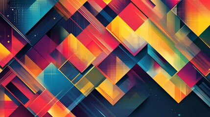 Aufkleber - Abstract vibrant geometric pattern with overlapping squares in red, yellow, blue, and purple hues.