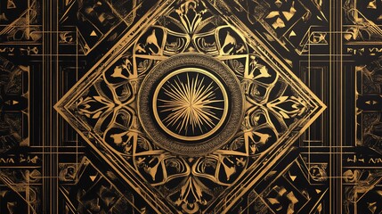Poster - Intricate gold geometric pattern on black background; ornate, symmetrical design with circular mandala-like center.