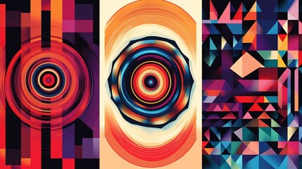 Poster - Abstract geometric triptych with vibrant colors and shapes.