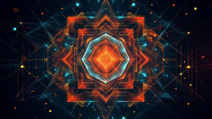 Aufkleber - Abstract fractal art with vibrant orange and blue geometric shapes, glowing lines, and particles on a dark background.