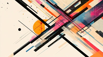 Poster - Abstract colorful geometric artwork with intersecting lines, shapes, and splashes of color on a beige background.