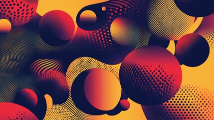 Poster - Abstract art with red and yellow spheres, dots, and lines on a yellow background.