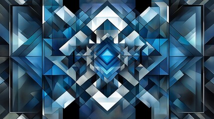 Poster - Abstract geometric blue and white pattern with symmetrical design and 3D effect.