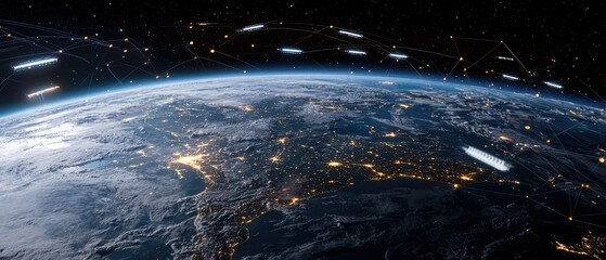 Poster - Earth at night with satellite network above.