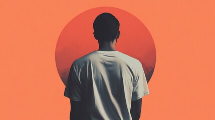 Poster - Man viewed from behind, standing before a large red circle with cloudy texture on an orange background.