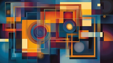 Poster - Abstract geometric artwork with overlapping squares, circles, and rectangles in vibrant colors.
